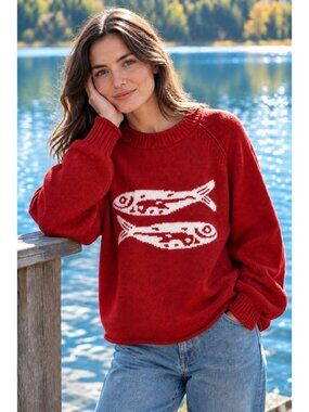 Sardine Fish Nautical Rolled Trim Crew Neck Knit Sweater Long Sleeve Pullover